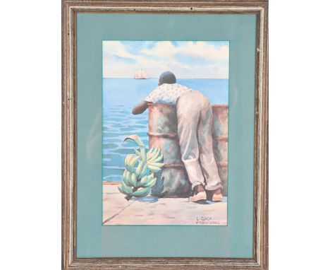 Larry Gluck print, Young boy leaning on oil drum with bananas looking at a sailboat. Overall: 19 x 14 3/4 in. Sight: 12 3/4 x