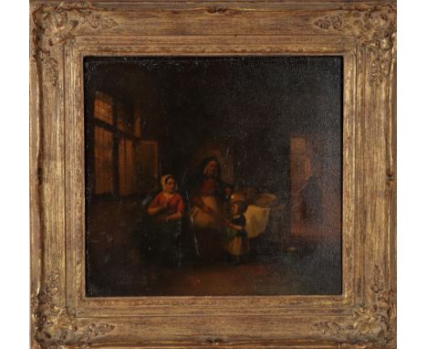 Family scene of a kitchen interior, oil on panel, condition commensurate with age. In the manner of George Morland, UK. Overa