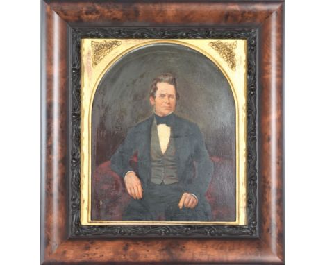 Antique portrait of a gentleman, oil on board. Appears to be unsigned. Overall size: 17 3/4 x 17 1/4 in. Sight size: 12 x 9 1