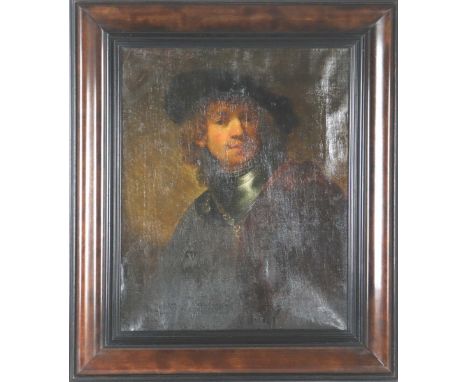 Self Portrait as a young man, finely rendered Old Master, oil on canvas. Signs of old repairs, several patches on back of can