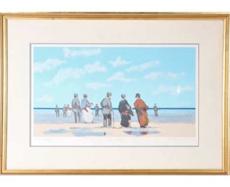 Color lithograph of figures standing on a beach, artist's proof, numbered 1/3, signed lower right in pencil. A true American 