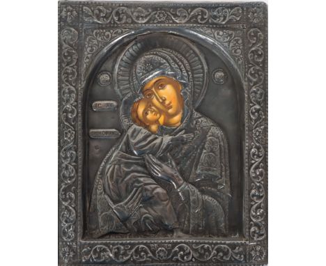 Russian Orthodox icon, metal on panel. Likely European silver. Size: 8 1/2 x 7 in. Please note that all sales are final. No r