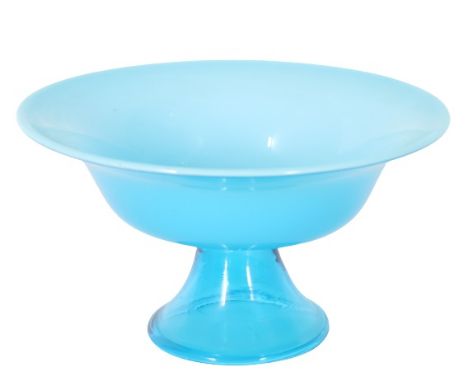 This is a tall footed blue jade bowl, mid-century modern art glass. Size: 5 1/2 x 9 3/4 in. Please note that all sales are fi