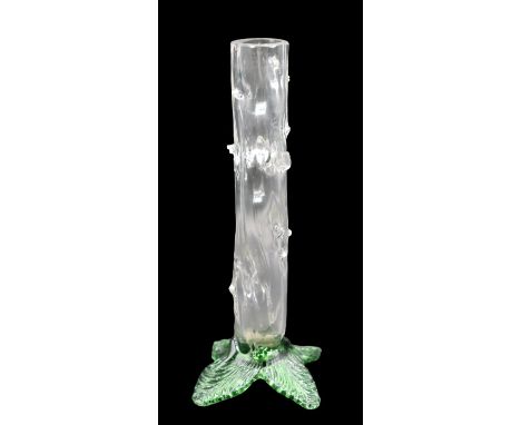 Steuben single stump bud vase with green leaf base. Size: 7 1/2 x 3 1/2 in. Please note that all sales are final. No refunds 