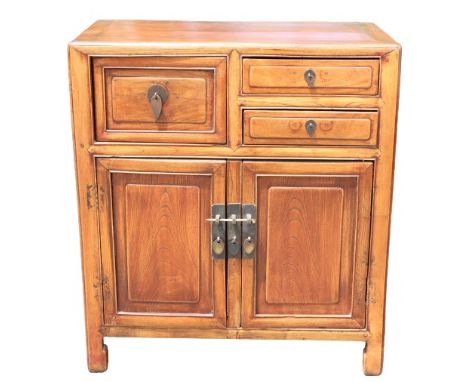 Antique Chinese wooden cabinet with two opening doors and three drawers. Chinese seal on the reverse. Commensurate w age. Siz