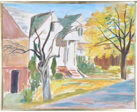 Portrait of house along tree-lined street, appears to be unsigned. Likely by artist Monna MacDonell, consignor's grandmother.