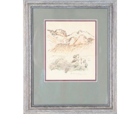 Watercolor sketch of windswept trees in mountainous landscape, signed lower right and dated 1940. Boardman Robinson, noted fo