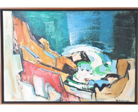 Titled "Monhegan", abstract rendering of the Maine island, mid-century modern, oil on canvas, signed lower right. Artist Al M