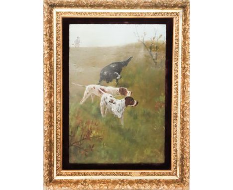 Hunting Dogs and Hunter, oil on panel Size: 26 x 20 in. , 19 1/2 x 13 1/2 in. Please note that all sales are final. No refund