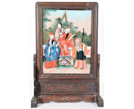 Hand-painted colorful tile set in mahogany frame, dates to 1851 AD. Size: 15 1/2 x 7 x 26 in. Please note that all sales are 