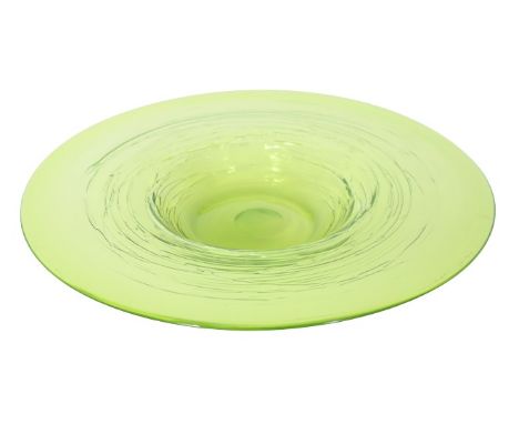 Large green Steuben wide rim center bowl. Size: 1 1/2 x 13 in. Please note that all sales are final. No refunds will be given