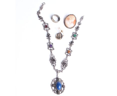 A collection of jewellery, comprising; an Indian sterling and gemstones necklace, in the form of open floral panels  set with