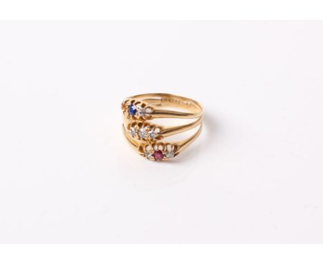 Three late Victorian gold and diamond three stone gypsy rings, later combined to form one ring, The outer ring, centred with 