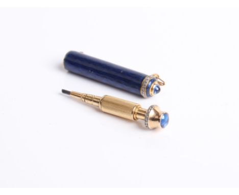 An early 20th century gold blue enamel rose and diamond pencil brooch, of Cabochon end stones, French marks, approx 41 mm lon