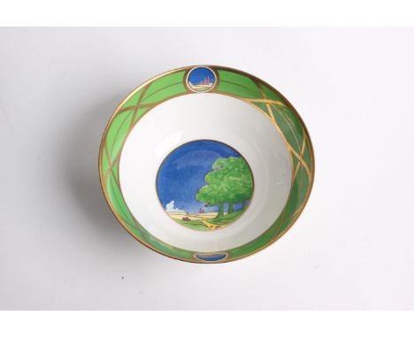 Royal Worcester; a large bowl with a gilt and green rim with circular landscape: the Art Deco edition collection Lazy Days (2