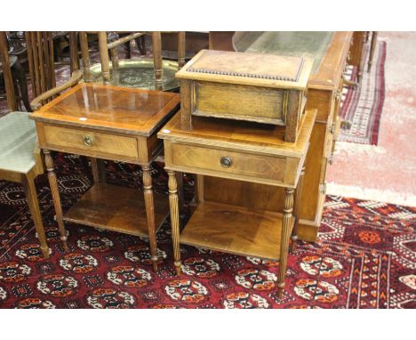 A mahogany sofa table, a pair of mahogany bedside tables, an oak footstool and an oak long shelf with brackets