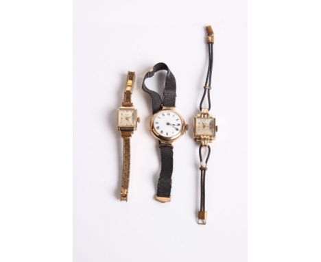 Three ladies 9 ct gold chased wrist watches, comprising, a round example circa 1912, the white enamel dial with red 12 and bl