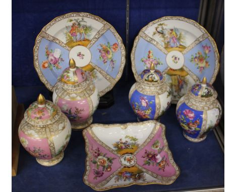 Continental porcelain including a pair of late Meissen plates, a pair of Dresden covered vase and a Meissen square dish