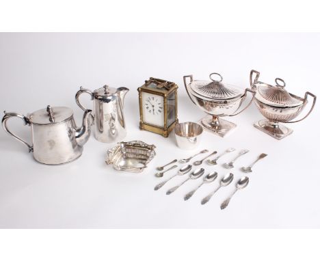 A collection of of plated items and a cased carriage clock; the plate includes two similar oval part fluted pedestal sauce tu