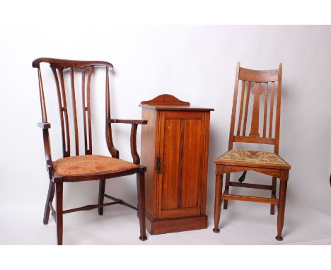 An oak low bow front open bookcase, a wall shelf with a cupboard base, an Edwardian satin walnut bedside cabinet and two chai