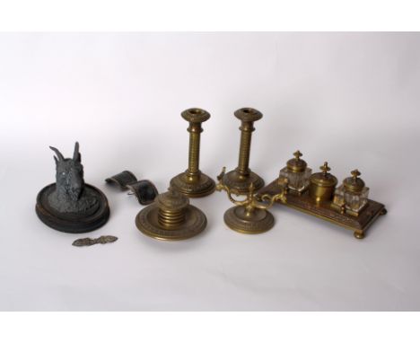 An unusual goat's head inkwell, a pair of Georgian silver buckles and an ink stand with accessories (qty)