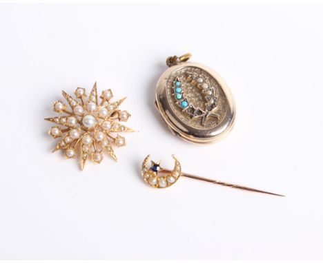 A Victorian gold and half pearl and small sapphire crescent and star stick pin, a 9 ct gold and cultured half pearl star burs