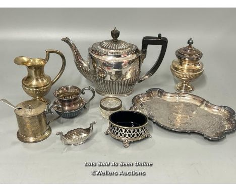 Silver sauce pot stamped 980 and sterling hallmarked silver spoon with assorted EPNS ware including teapot, jug and tray / AN