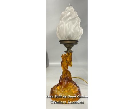 Walther &amp; Sohne Germany art deco frosted amber glass lamp with flame shade c1930's , 45cm high / T45