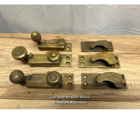 X3 vintage brass sash window fasteners, two with wording 'Hopkinson patent'
