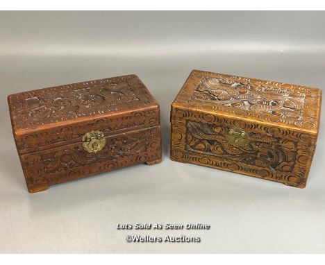 Two Chinese camphor wood carved boxes with brass fittings, both 25 x 23 x 15cm / T37