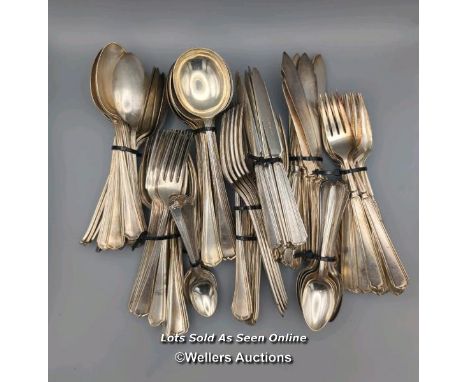 Set of silver plated flatware, comprising 12 fish knives, 12 fish forks, 14 table forks, 11 soup spoons, 14 desert spoons, 13