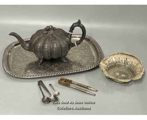 A silver plated pumpkin shaped teapot by Henry Hobson &amp; Son and a large metal tray, 39 x 28cm, metal basket and spoons in