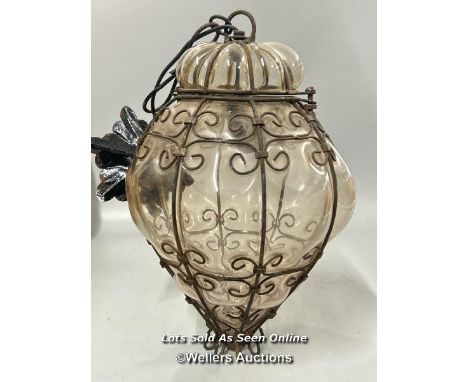 Vintage Murano caged bubble pendant light, 30cm high, 20cm wide, 51cm drop, damage to one of the sections at the top / T45