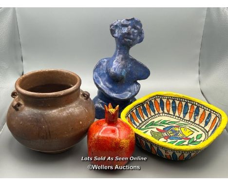 Abstract sculpture of a figure with blue glaze, signed 'LL 03', 18.5cm high with a Pomegranate ceramic sculpture, a small bro