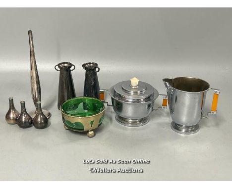 Art Deco chrome plated milk jug and sugar bowl, a pair of Art Nouveau metal vase covers, small bowl with green glass , thin m