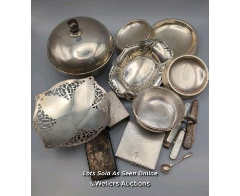 A small group of mostly silver items including a small silver oval dish, hallmarked Sheffield 1912 by James Dixon and Son, di