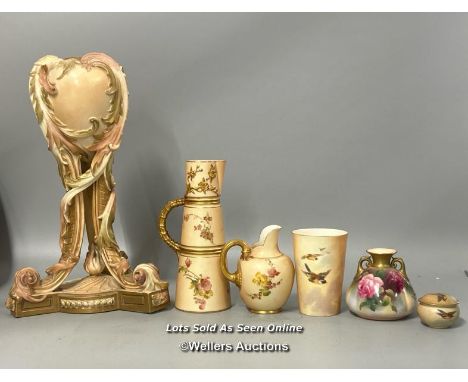 Royal Worcester hand painted blush porcelain including a rare candelabra (base only) no. 1446 c1892 (34.5cm high) jug no.1047