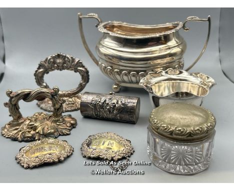 Assorted silver plate including a Swedish Prima Alp import trinket box, two Victorian tureen handles ( heavy, but no hallmark