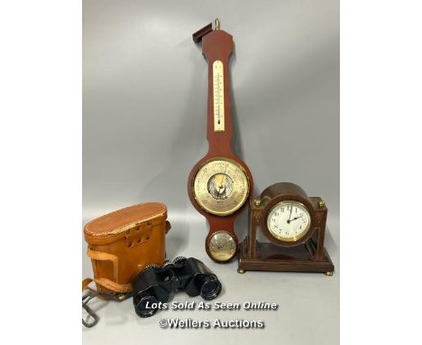 Inlaid wooden mantle clock stamped 'Made in France', 19cm high (without key), modern barometer and Greencat 'Ten' binoculars 
