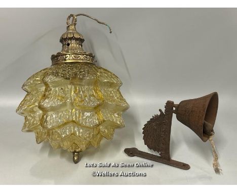 Vintage yellow glass 'cone' ceiling light with brass fittings , shade, 26cm high, 25cm wide with a brass fittings, 50cm drop 