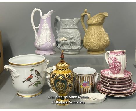 Assorted ceramics including a victorian style pierced urn, Spode pink pagoda pattern, William Ridgeway buff stoneware jug c18