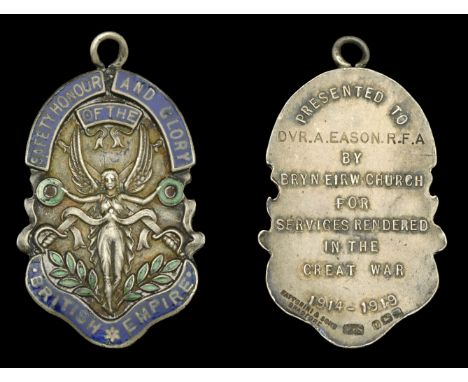 Bryn Eirw Church, Trehafod, Pontypridd, Great War Tribute Medal, 22mm x 36mm, silver and enamel, hallmarks for Birmingham 191