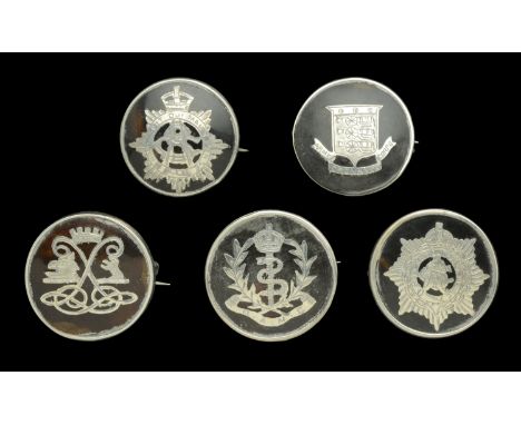 Regimental Sweetheart Brooches. Five Great War era hallmarked Silver and Tortoiseshell Regimental Sweetheart Brooches with re
