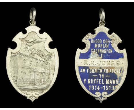 Moriah Chapel, Caernarvon, Great War Tribute Medal, 25mm x 34mm, silver and enamel, hallmarks for Birmingham 1919, the obvers