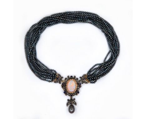 Opal, diamonds and sapphires pendant set with black Pearl necklaces,, a large and impressive antique necklace, made of 10 row