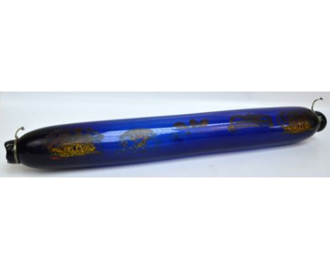 A very large early to mid 19th century Bristol Blue glass salt/rolling pin, decorated to both ends with masted ships and with