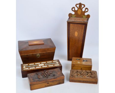 A 20th century oak inlaid and mahogany cross banded candle box in the Georgian style, height 47cm, a mahogany box converted t
