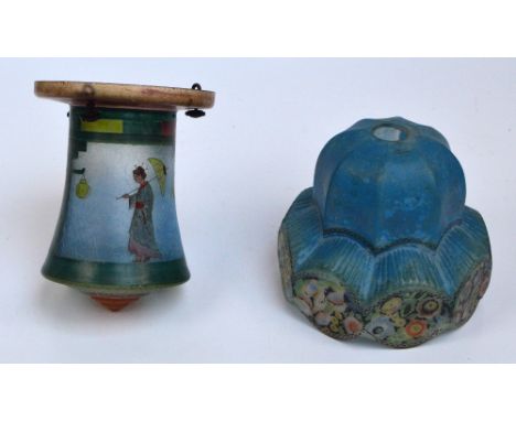 An Art Deco frosted and crackle glass ceiling lamp of waisted form, hand painted with Oriental scenes, height 19cm, and a fur