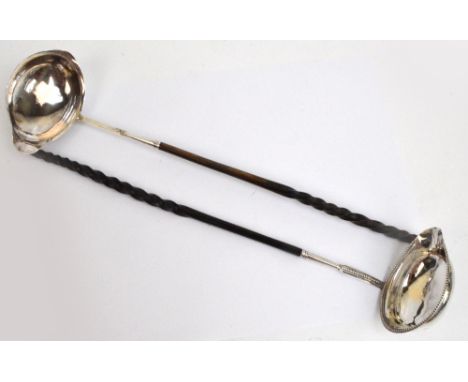 A George III hallmarked silver toddy ladle with oval single lipped bead decorated bowl, 32.5cm, and a further similar plain e