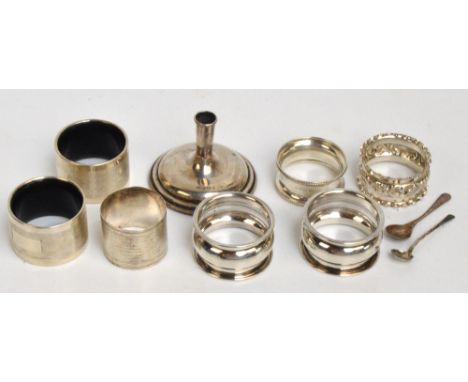 A pair of George V hallmarked silver napkin rings of plain bellied form, A&J Zimmerman, Birmingham 1912, a further pair of ha